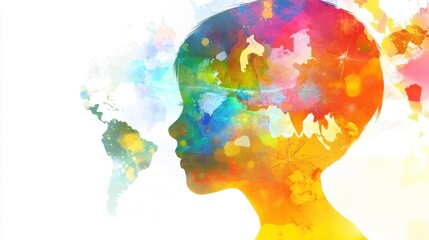 Earth surrounded by child face and connections focus on details copy space bright global colors double exposure silhouette with world map.