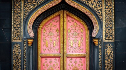An intricate Indian and Arabic-style door with golden motifs in pink and peach tones, creating a striking contrast against a dark black background.