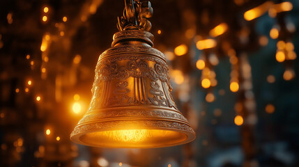 Ornate golden temple bell glowing with soft light, surrounded by a serene atmosphere during Vaisakhi celebrations.