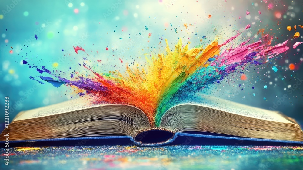 Poster An open book with colorful paint splashes flying from the pages, representing the fusion of literature and artistic expression.