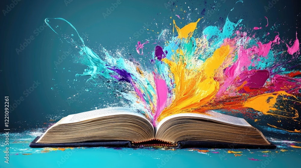 Poster An open book with colorful paint splashes flying from the pages, representing the fusion of literature and artistic expression.