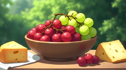 Juicy Grapes and Cheese Still Life in Summer Garden