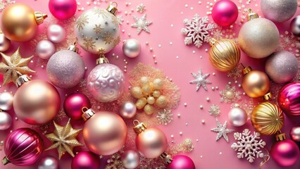 A festive arrangement of pink, gold, and silver Christmas ornaments on a pink background, adorned with glittering snowflakes and stars.