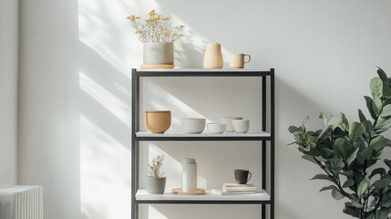 Modern Minimalist Shelf Display with Plants and Decor