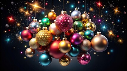 A festive cluster of colorful Christmas ornaments hanging against a dark background with sparkling lights