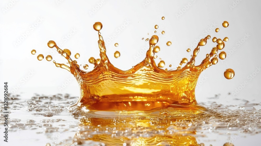 Poster artistic shot of crown-shaped water splash transforming into a sphere on a white surface, symbolizin
