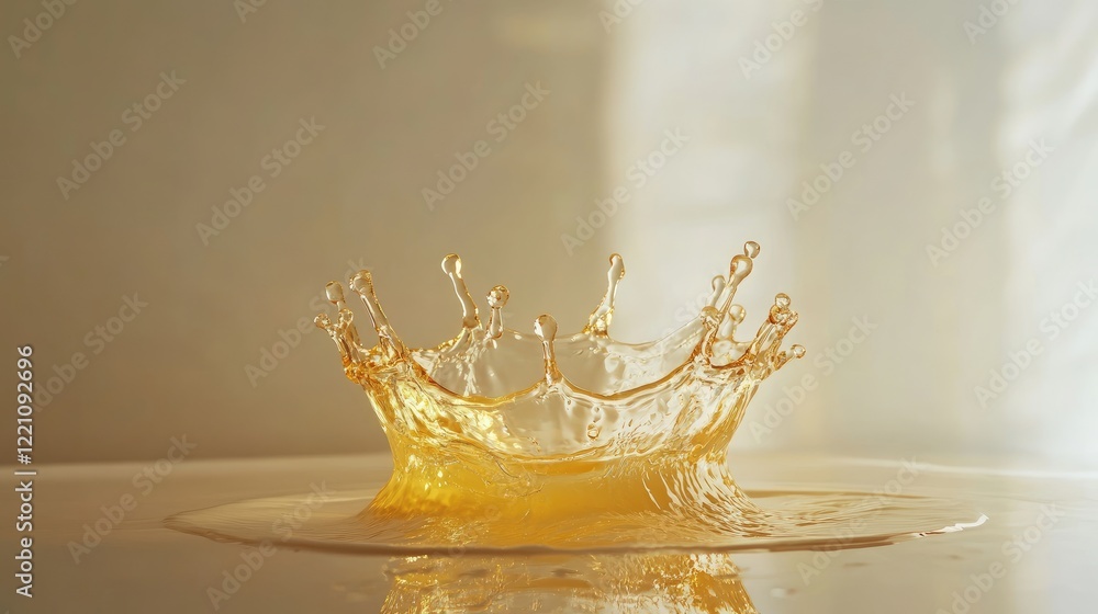 Poster artistic shot of crown-shaped water splash transforming into a sphere on a white surface, symbolizin