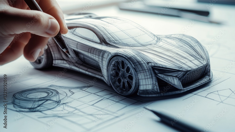 Poster automotive designer sketching intricate lines on a prototype model car, illustrating the creative pr