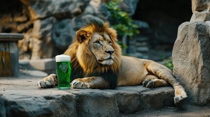 Obraz premium Majestic lion lounging on rocks, enjoying green beer, blending nature with celebration