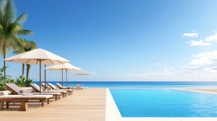 Obraz premium serene beachside resort pool area featuring lounge chairs, umbrellas, and stunning ocean view. clear blue sky enhances tranquil atmosphere, perfect for relaxation