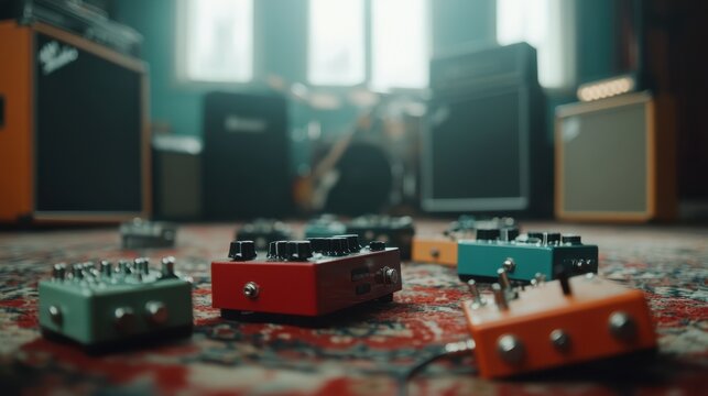 An intriguing layout of guitar pedals exudes artistic inspiration, perfect for musicians looking to meld creativity and sound in a cozy environment.