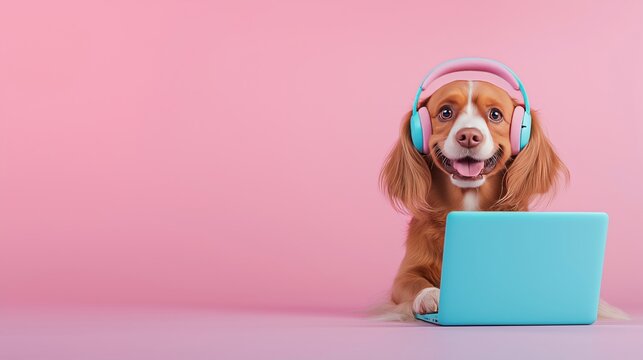A dog in headphones works on a laptop. programming courses and getting a profession online, freelancer, online work, copy space and place for advertising text