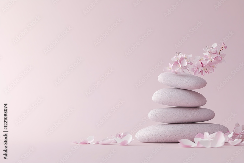 Poster the composition features a serene stack of smooth stones with glowing edges, surrounded by delicate 