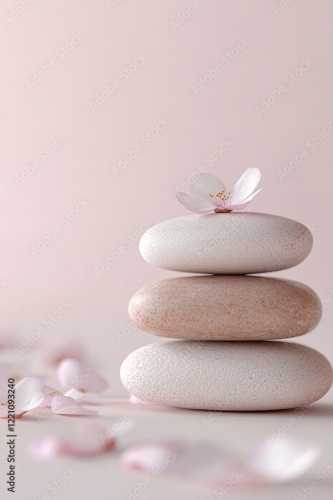 Poster a stack of smooth stones with glowing edges rests gently on a soft pastel gradient background. surro