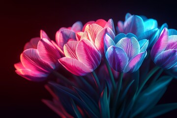 Fototapeta premium A vivid bouquet of tulips in a stunning blend of colors, showcasing their delicate petals and vibrant hues against a dark background.