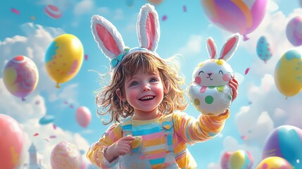 A detailed depiction of a child holding a balloon shaped like an Easter bunny at the festival, with other balloons floating in the background