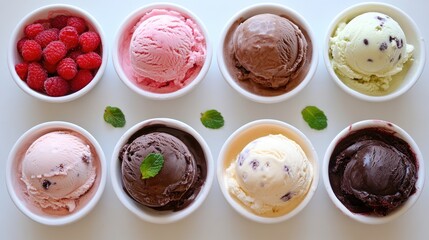 Assorted Ice Cream Scoops With Fresh Raspberries