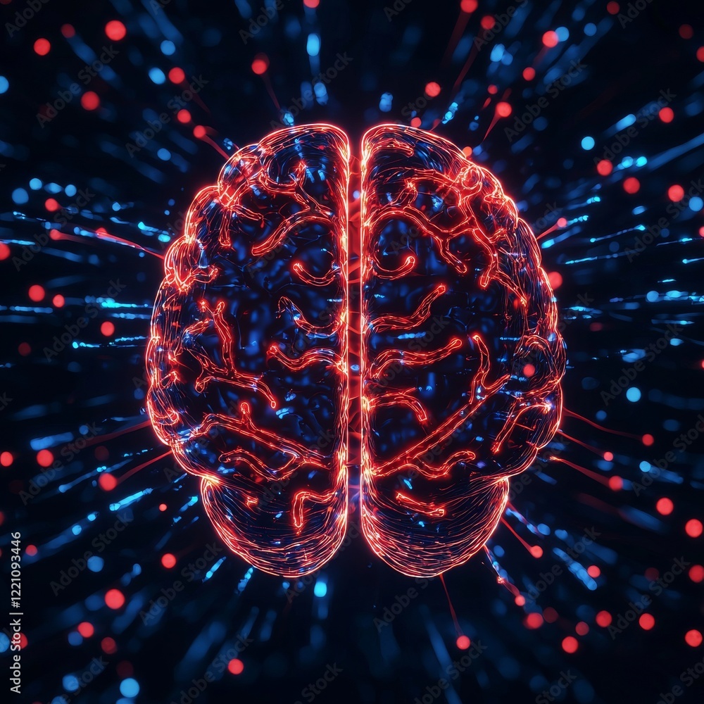 Poster a vivid digital representation of a brain, showcasing intricate neural patterns and dynamic visual e