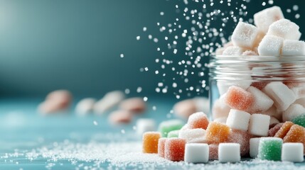 An enchanting image of a jar filled with colorful candies and powdered sugar, evoking a sense of whimsy, playfulness, and sweetness, ideal for festive occasions and celebrations.