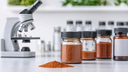 Health supplements with advanced formulations. Scientific setup featuring spice jars, a microscope, and a vibrant spice powder.