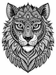 Obraz premium Animal Face Mandala Coloring Page for Adults, black and white, black line art, Isolated on white background