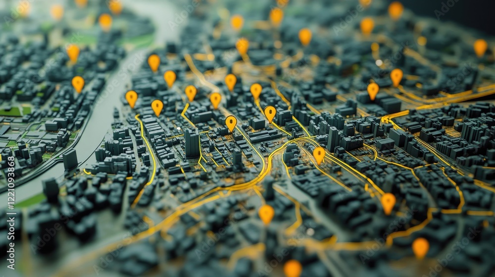 Poster city map with location pins highlighting logistics routes, powered by geospatial intelligence to imp