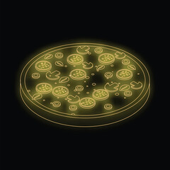 Glowing neon sign of a delicious vegetarian pizza with mushrooms, peppers, onions, and herbs