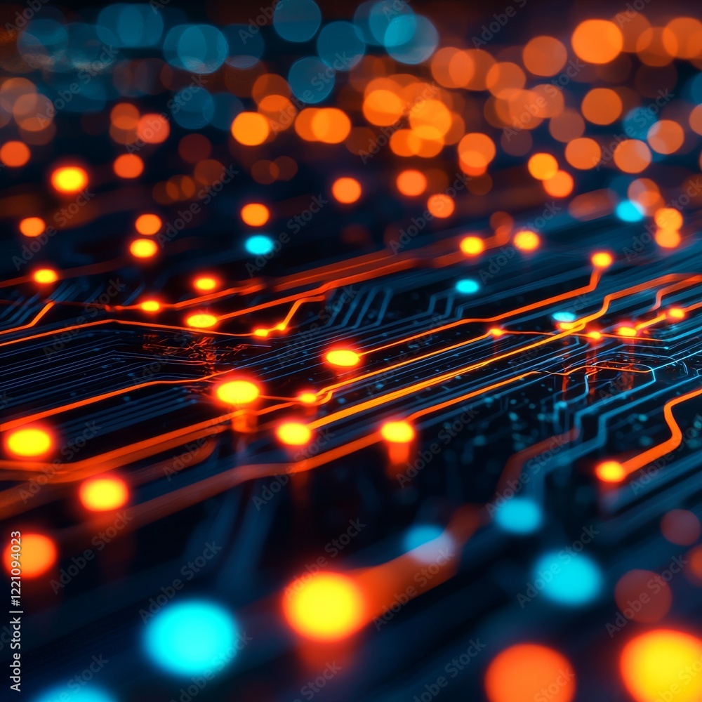Poster abstract circuit board close-up with vibrant glowing lights representing advanced technology and inn
