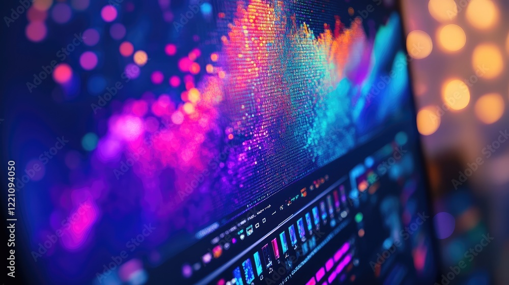 Aufkleber Close-up of a digital computer monitor displaying intricate pixel details with vibrant color variations, illustrating the power of high-resolution displays.