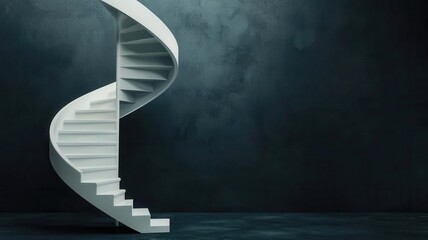Spiral staircase with progress icons, dark corporate background, 3D illustration,