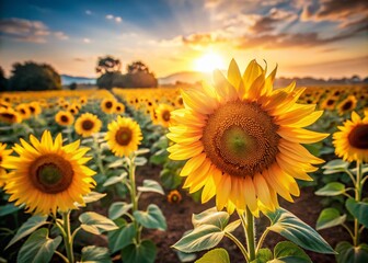 Obraz premium Vibrant Sunflowers in Field, Copy Space for Text - Summer Bloom Stock Photo