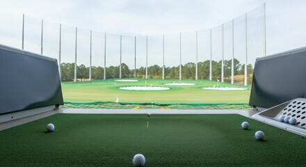Golf driving range with multiple practice targets and golf balls on green turf
