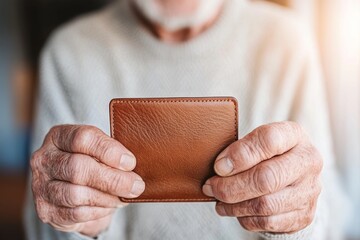 A close-up image of weathered hands, holding a brown leather wallet,  a tangible representation of the past and the value of experiences.  The wallet, a simple object.