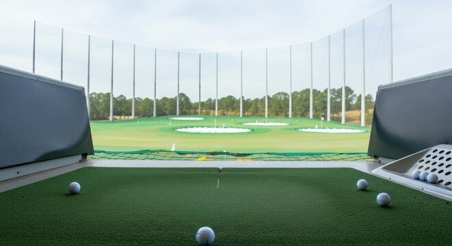 Golf driving range with multiple practice targets and golf balls on green turf