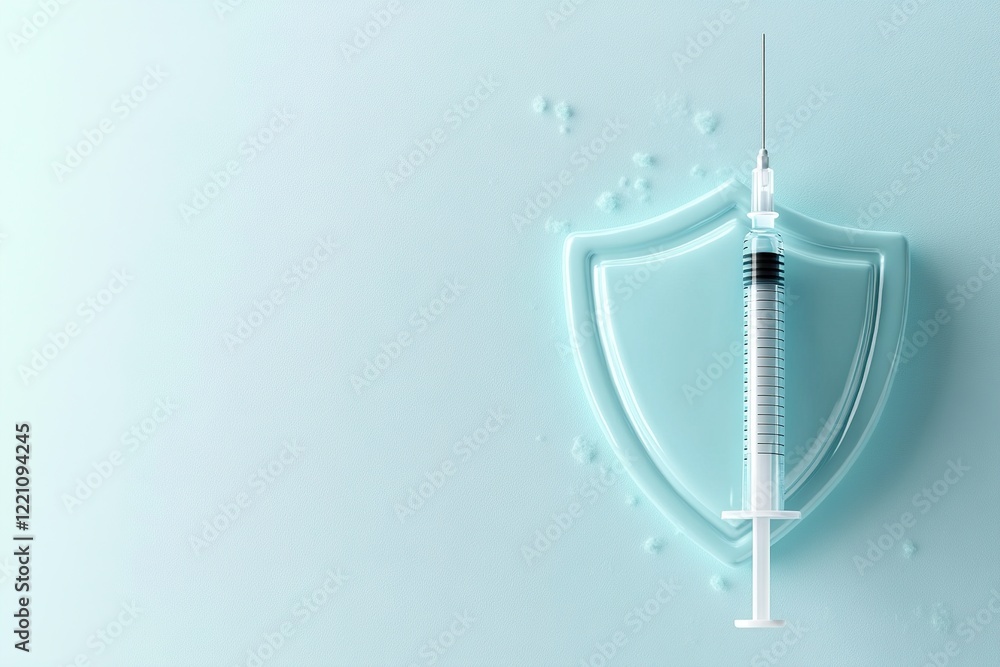 Poster a syringe is seen injecting a glowing shield, representing protection. the light blue background is 