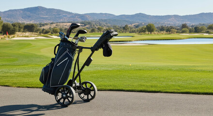 Golf bag on cart at scenic golf course with lake and mountains