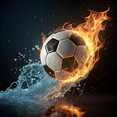Naklejka premium soccer ball on fire rotating with water splash