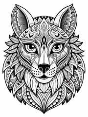 Obraz premium Animal Face Mandala Coloring Page for Adults, black and white, black line art, Isolated on white background