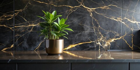 A potted plant sits on a black countertop with a black marble backsplash with gold veining.