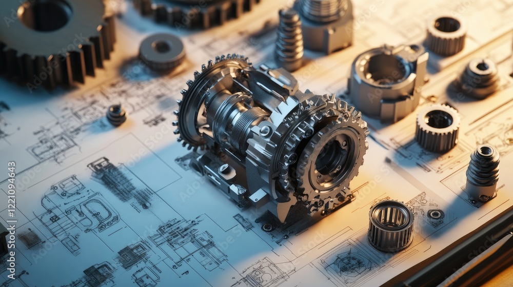 Poster Complex gearbox design with technical blueprints and 3D printed prototypes, highlighting the meticulous process of engineering and innovation.