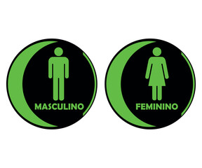 Placas Banheiro Redondas Com Meia Lua. Masculino e Feminino. Nos Tons Verde e Preto.