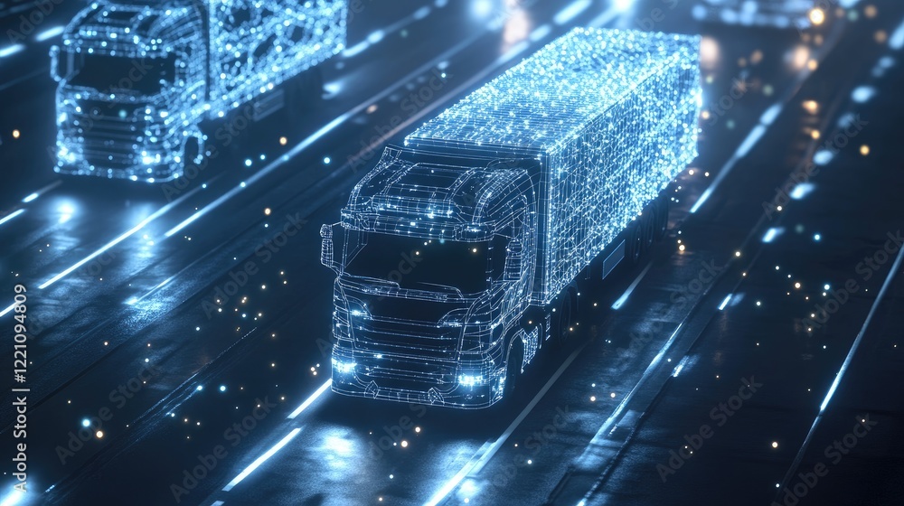 Poster concept of trucks connected through a smart global network, representing fleet management and the ev