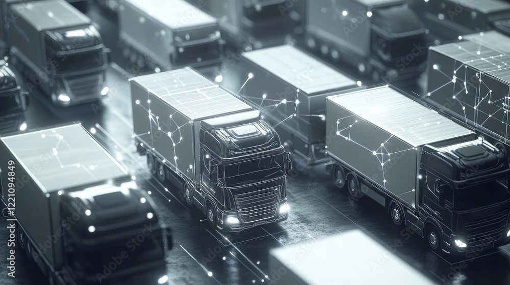 Poster concept of trucks connected through a smart global network, representing fleet management and the ev