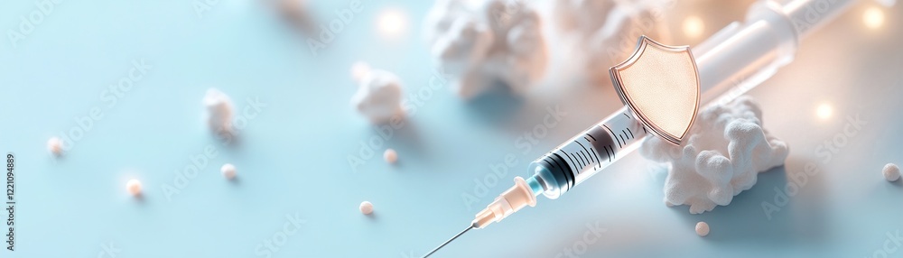 Poster a syringe injects a glowing shield symbolizing protection against threats. the neutral background fe