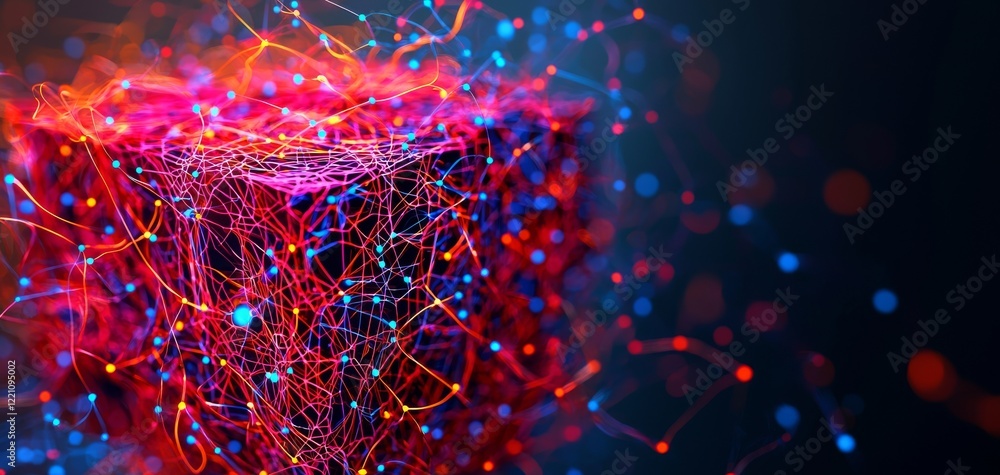 Poster abstract representation of interconnected data networks, showcasing vibrant colors and intricate des