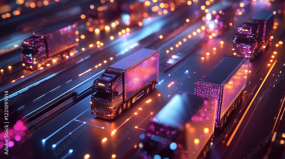 Poster Conceptual image of trucks connected via a global smart network, visualizing the efficiency and innovation behind fleet management in logistics.