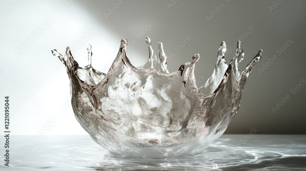 Poster crown-shaped water splash creating a stunning sphere, reflecting light on a white surface in an arti