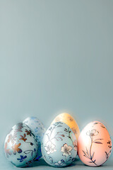 Easter creative poster in gray-blue tones, with Easter eggs intricately painted with black patterns. Glowing blur. Copy space, for text