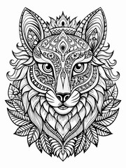 Fototapeta premium Animal Face Mandala Coloring Page for Adults, black and white, black line art, Isolated on white background