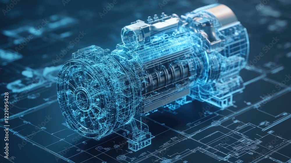 Poster Detailed engineering blueprints with a transparent engine model layered on top, representing the cutting-edge advancements in design and innovation.
